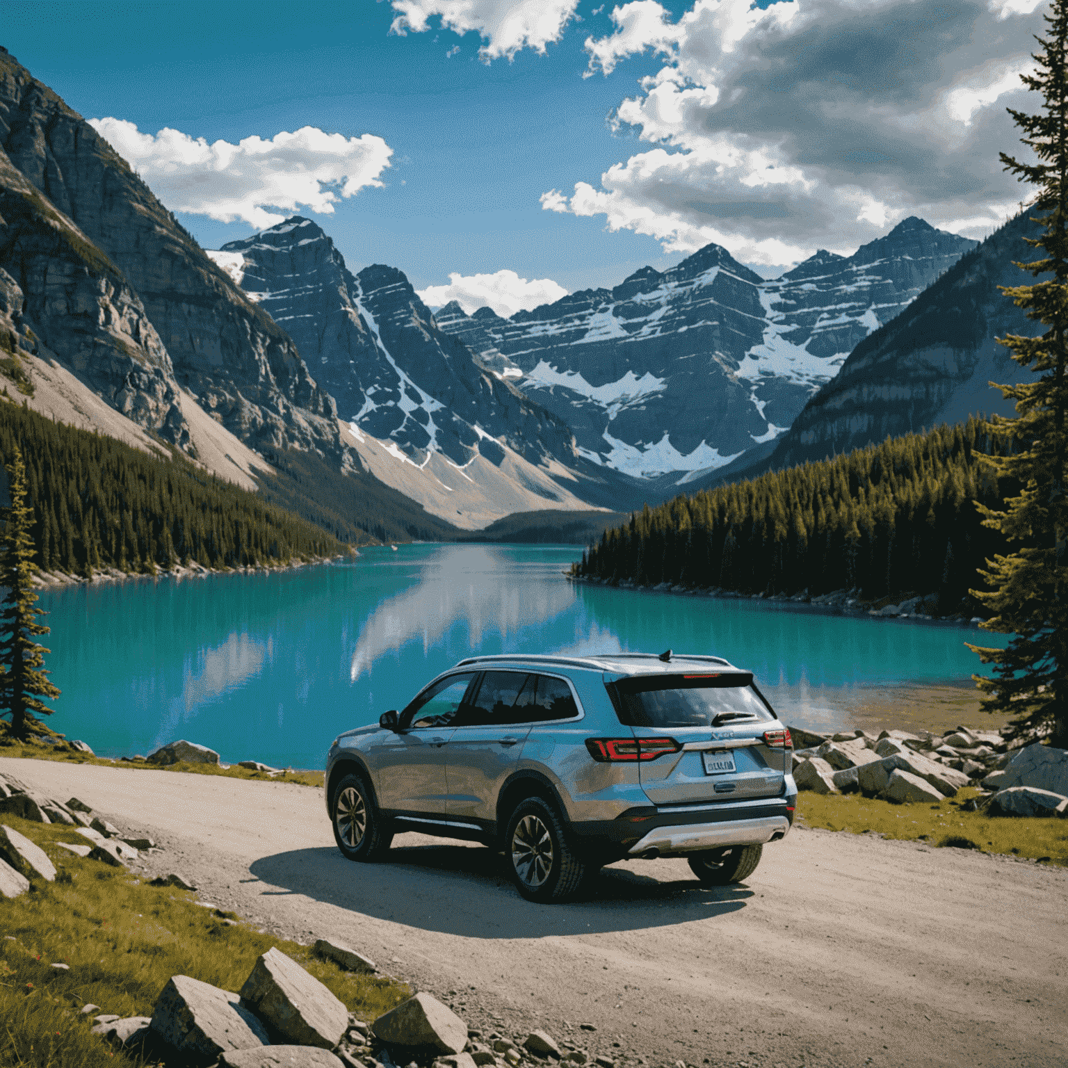 A rugged SUV parked in front of a stunning Canadian mountain landscape with a crystal-clear lake in the foreground, showcasing the adventure possibilities with DriveEasy_Canada
