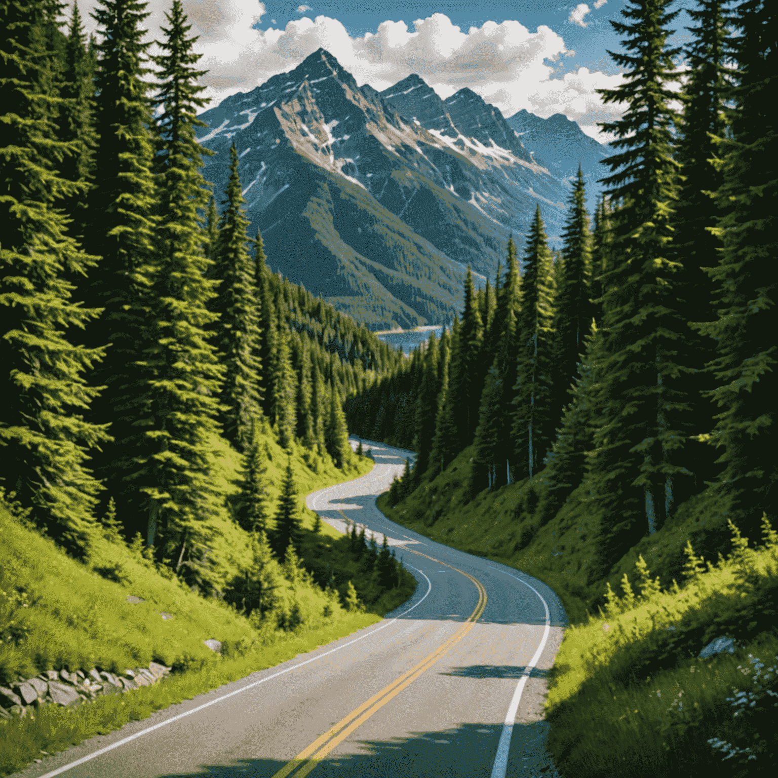 A winding road through a lush forest with mountains in the background, showcasing one of Canada's most scenic drives