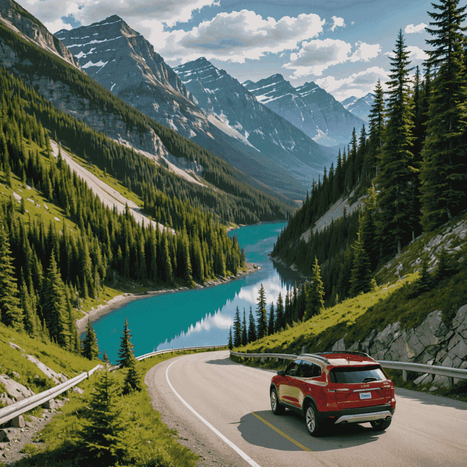 Panoramic view of a winding road through Canadian mountains with lush forests and a crystal-clear lake in the distance. A red SUV is driving along the road, symbolizing the start of an epic road trip adventure.