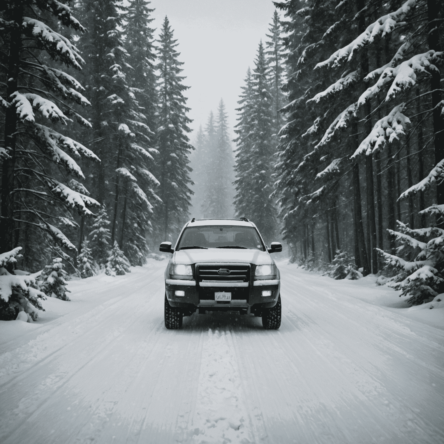 A snow-covered Canadian highway winding through a forest of evergreen trees, with a rugged SUV safely navigating the icy road. The vehicle's headlights illuminate the falling snow, creating a dramatic winter scene.