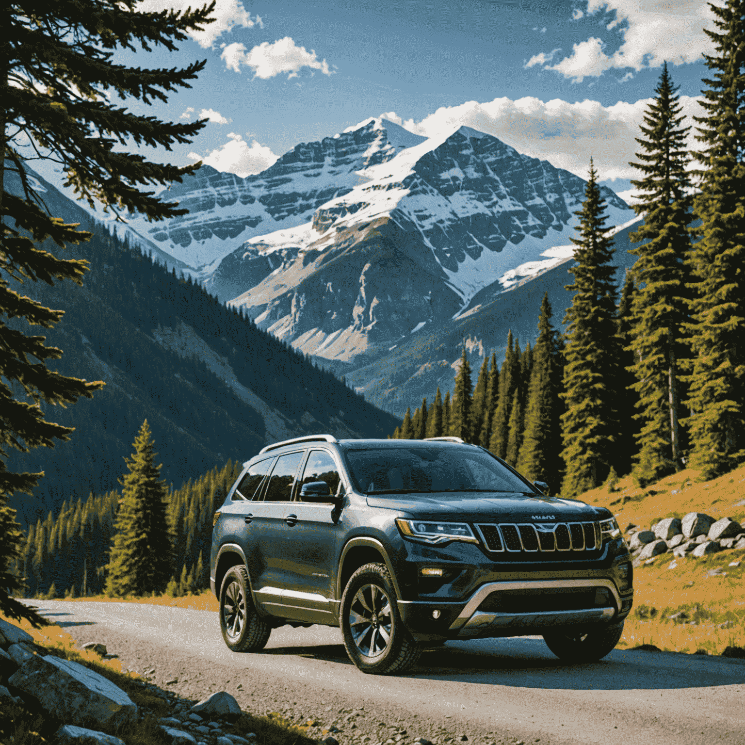 A rugged SUV driving through a scenic Canadian mountain landscape with snow-capped peaks and evergreen forests in the background, showcasing the ideal vehicle for a Canadian road trip adventure