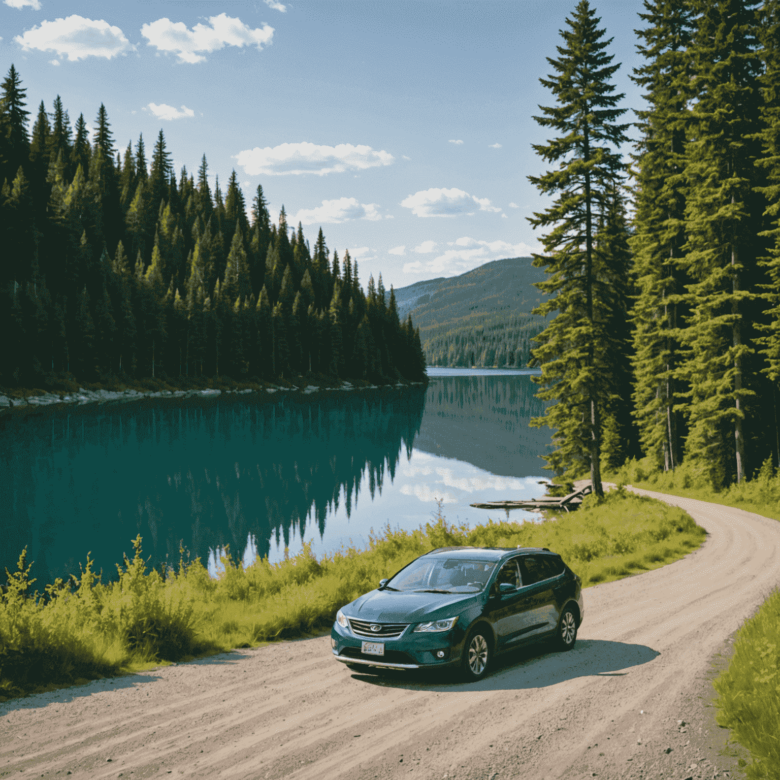 Panoramic view of a secluded Canadian lake surrounded by dense forest, with a lone car parked on a gravel road in the foreground