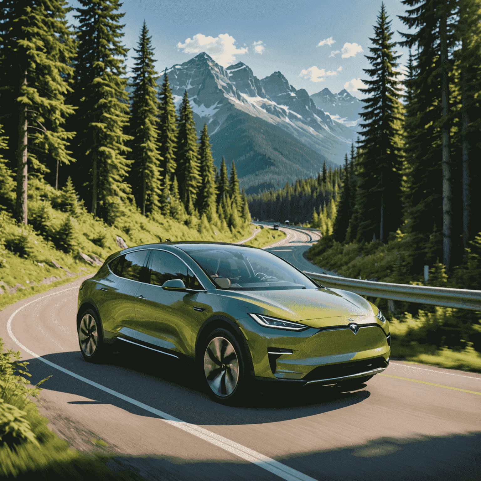 A sleek electric car driving through a lush Canadian forest with mountains in the background, showcasing the harmony between eco-friendly transportation and nature