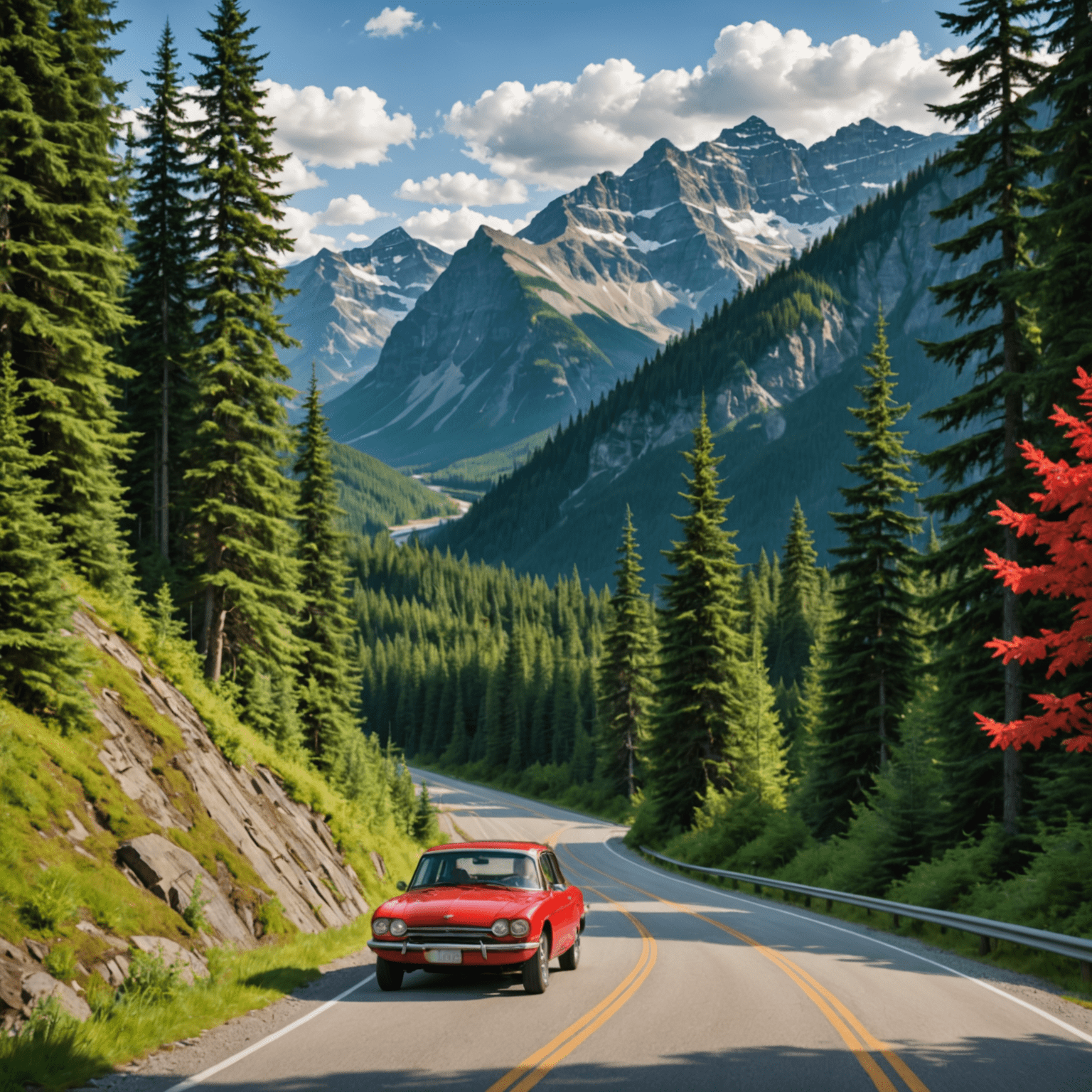 A winding road through a lush Canadian forest, with mountains in the background and a red car driving along the scenic route.