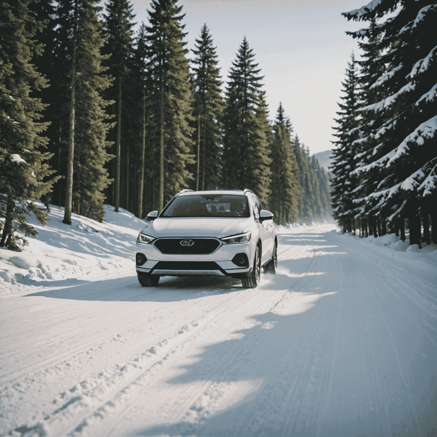 A car driving on a snow-covered road surrounded by pine trees, demonstrating winter driving conditions in Canada