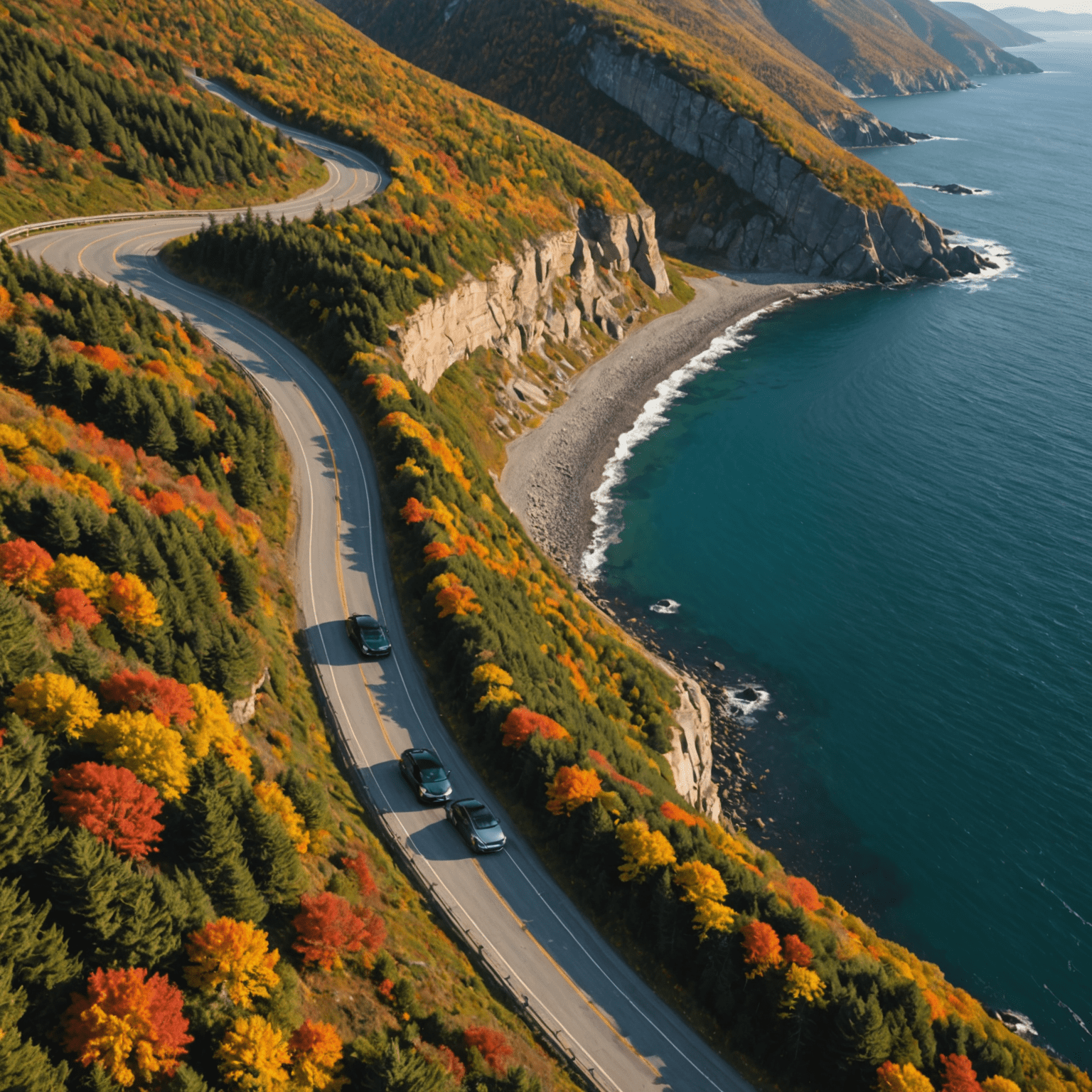 Aerial view of the Cabot Trail hugging the coastline, showcasing dramatic cliffs, the Atlantic Ocean, and autumn-colored forests. A small convertible car is seen navigating a curve in the road.
