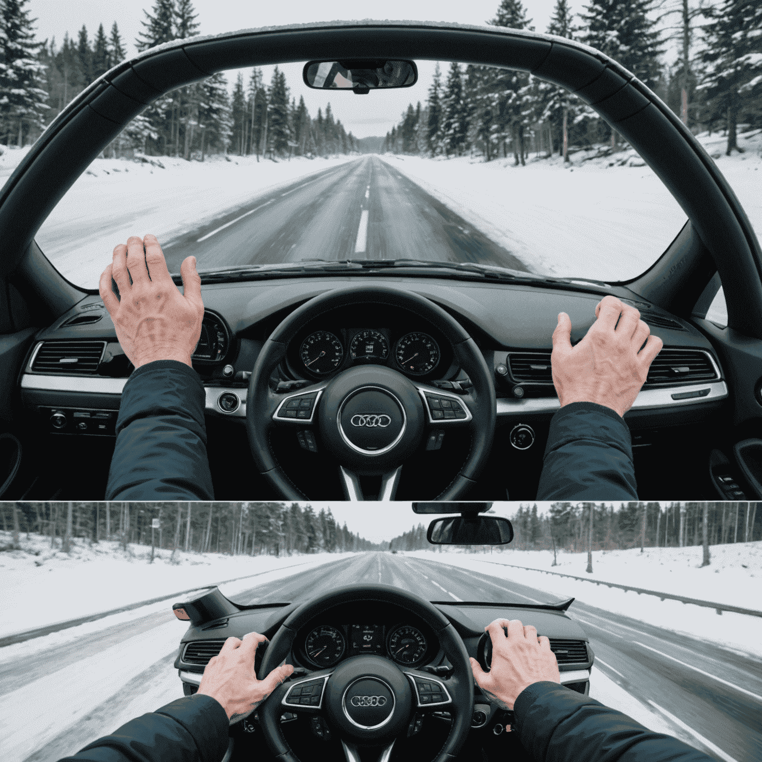 A split-screen image showing proper winter driving techniques. On the left, a driver's hands on the steering wheel demonstrating the correct 9 and 3 o'clock position. On the right, a foot gently pressing the brake pedal, illustrating smooth braking on icy roads.