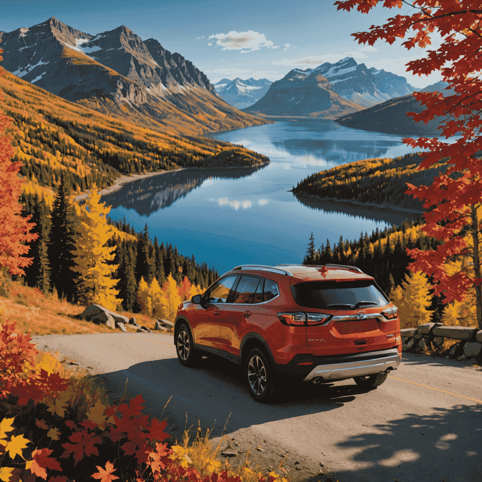 A compact crossover vehicle parked at a scenic viewpoint overlooking a vast Canadian lake, with fall foliage in vibrant reds and golds surrounding the area, demonstrating the versatility of crossovers for Canadian road trips