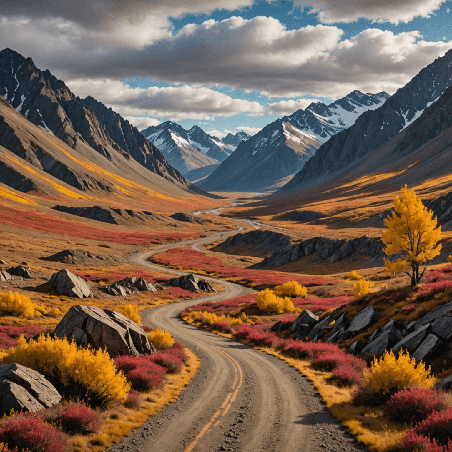 Rugged mountain peaks of Tombstone Territorial Park with vibrant fall colors and a winding dirt road leading through the valley