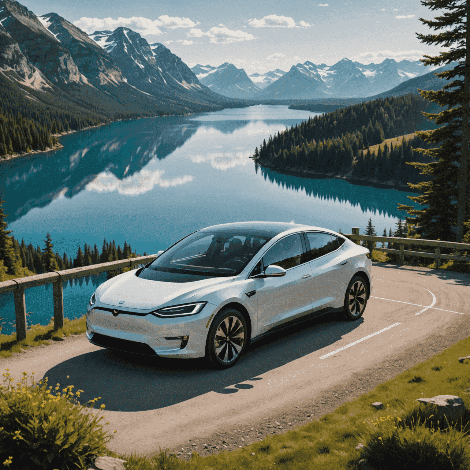 A modern electric car charging at a scenic viewpoint overlooking a Canadian lake, emphasizing the convenience and beauty of EV travel