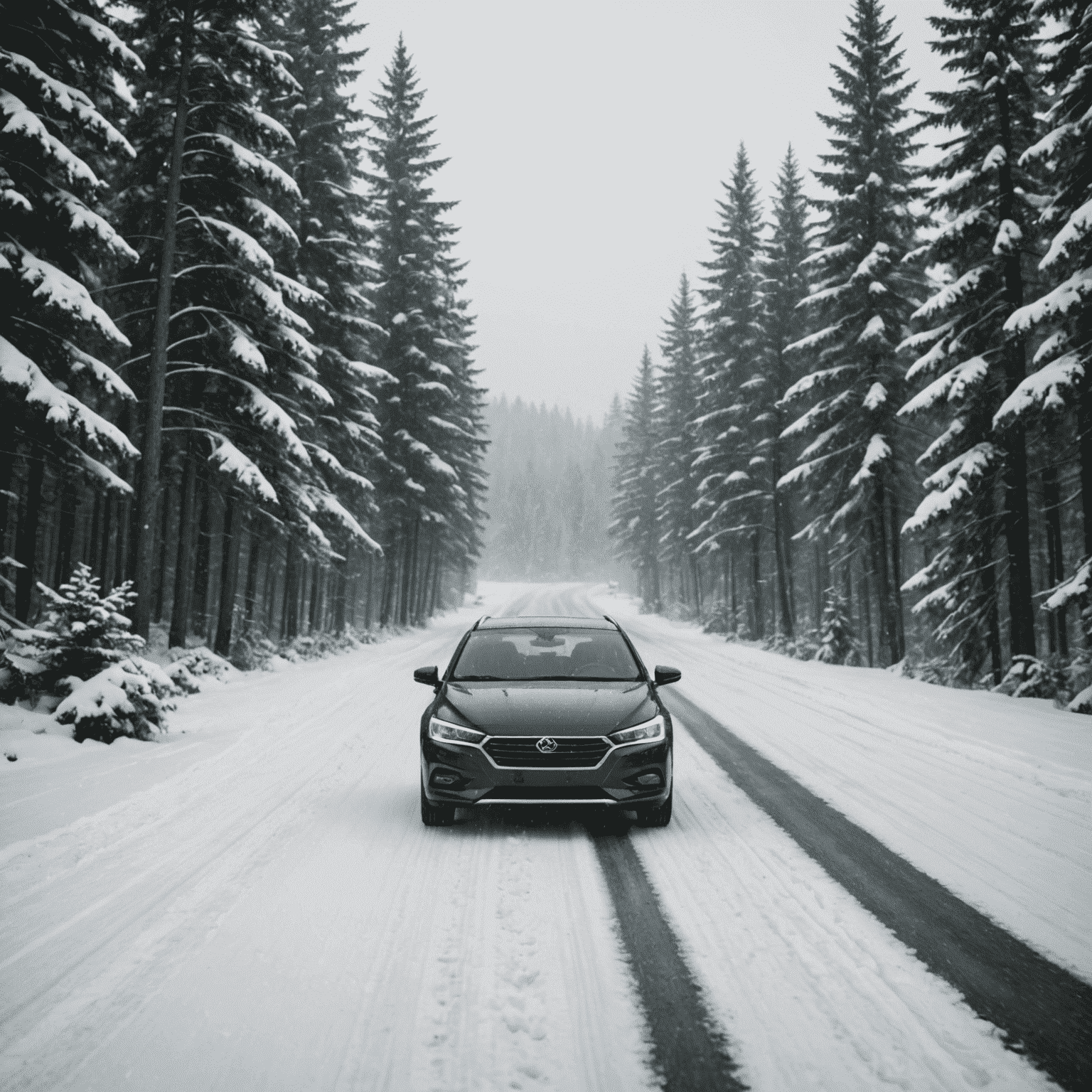A car driving on a snow-covered road in Canada, with pine trees lining the sides and snowflakes falling.