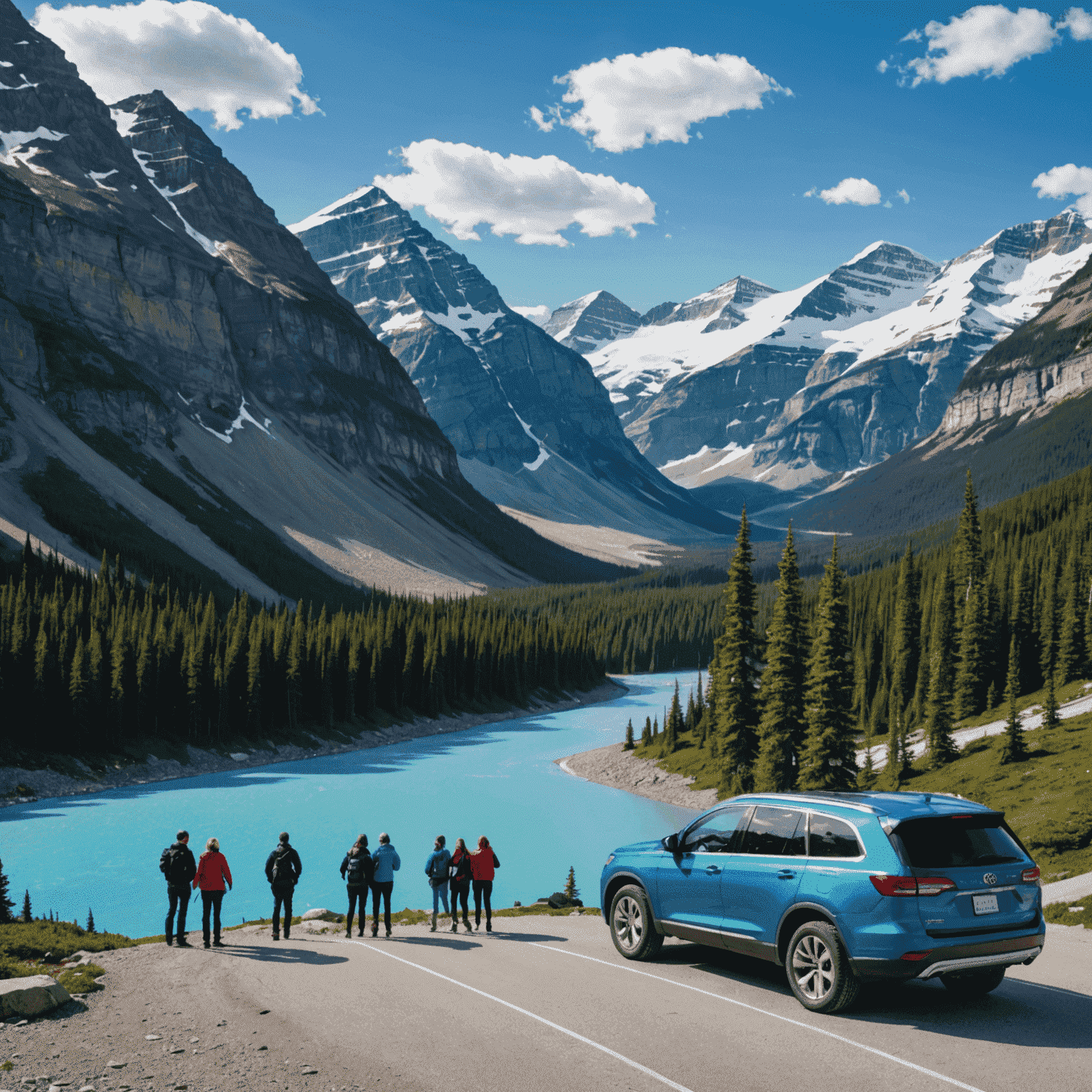 Sweeping view of the Icefields Parkway with snow-capped mountains, glaciers, and a vibrant blue lake. A family SUV is parked at a viewpoint with people taking photos.