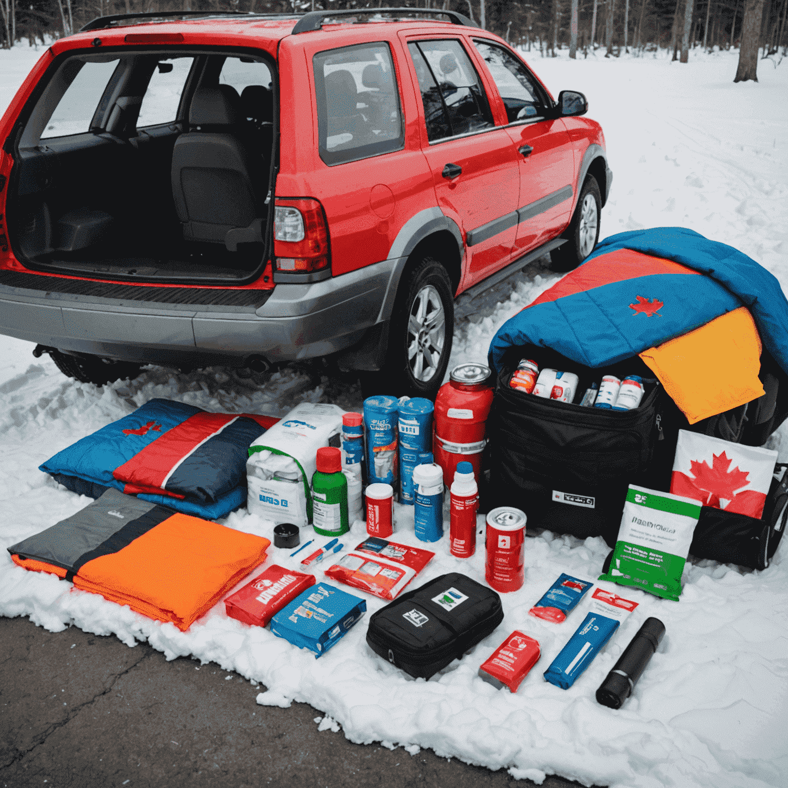 A well-prepared winter emergency kit laid out on a snowy surface next to a parked car. The kit includes a flashlight, blanket, first-aid supplies, snacks, and a brightly colored flag, emphasizing the importance of being ready for unexpected situations on Canadian winter roads.