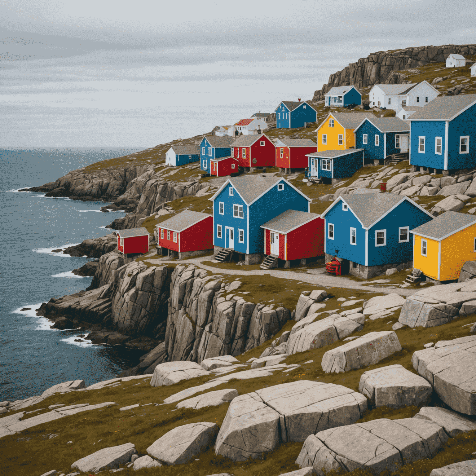 Colorful houses perched on rocky cliffs overlooking the Atlantic Ocean on Fogo Island, with a compact rental car parked nearby