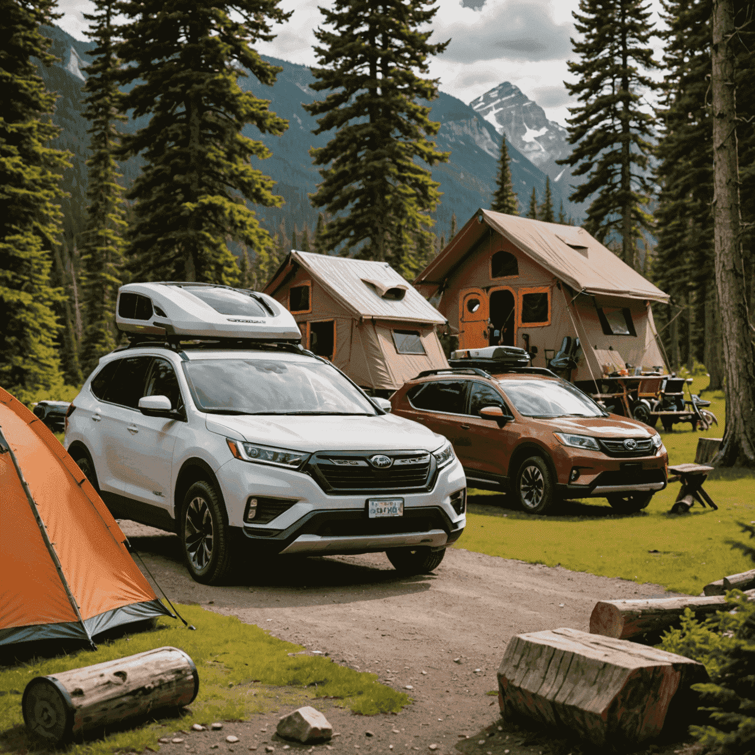 A hybrid SUV parked near a campsite in a Canadian national park, showcasing its versatility for eco-conscious adventurers