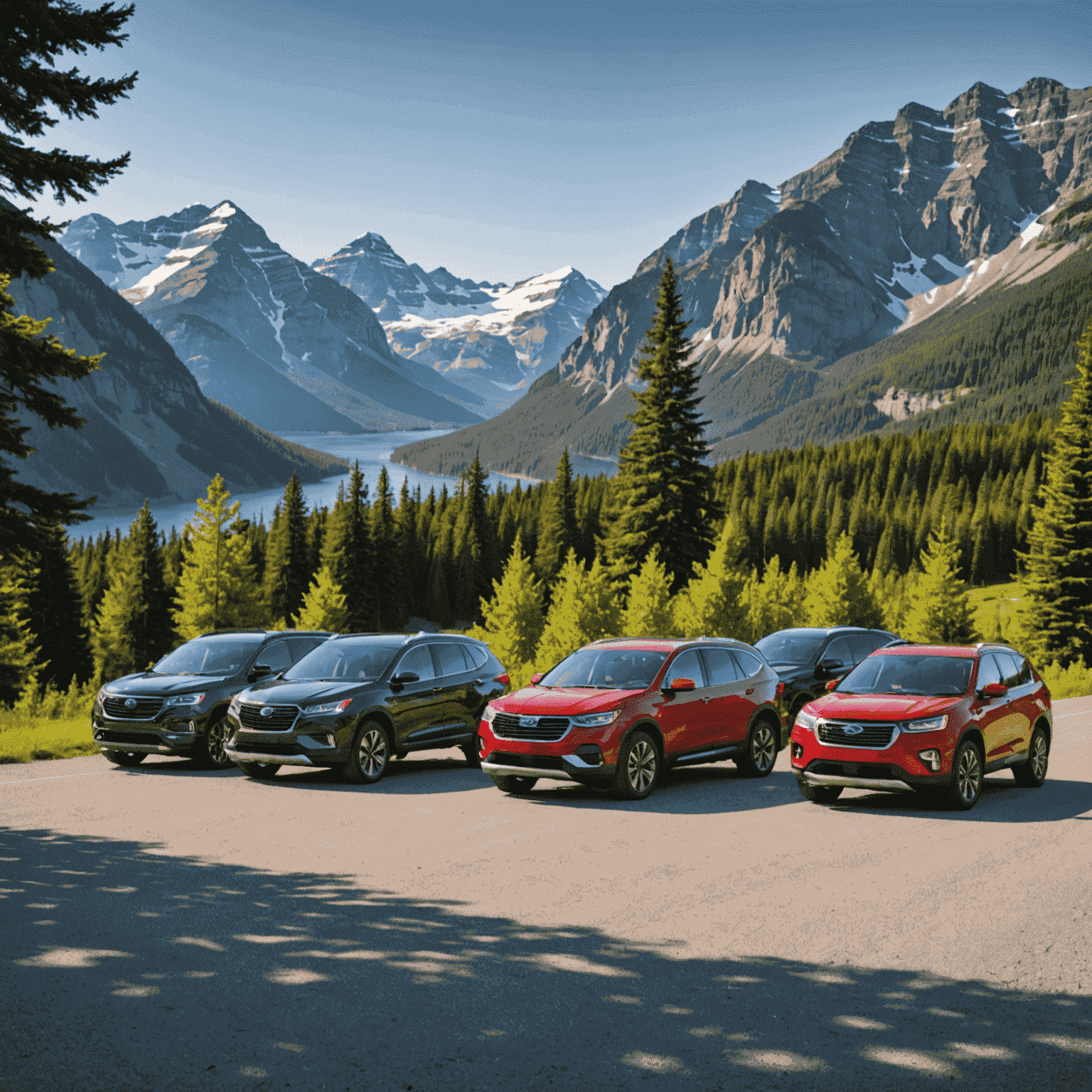 A lineup of various car types suitable for Canadian road trips, including SUVs and compact cars, parked in front of a scenic mountain backdrop.