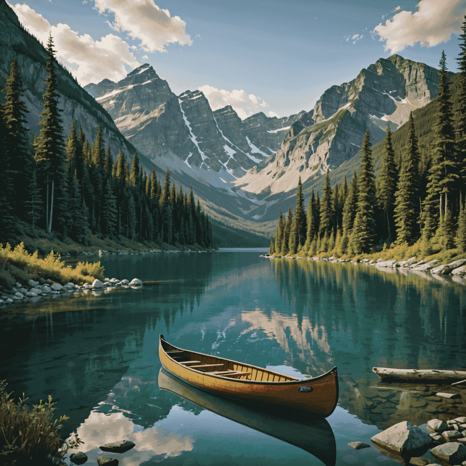 A secluded lake surrounded by mountains with a single canoe, representing a hidden gem destination in Canada