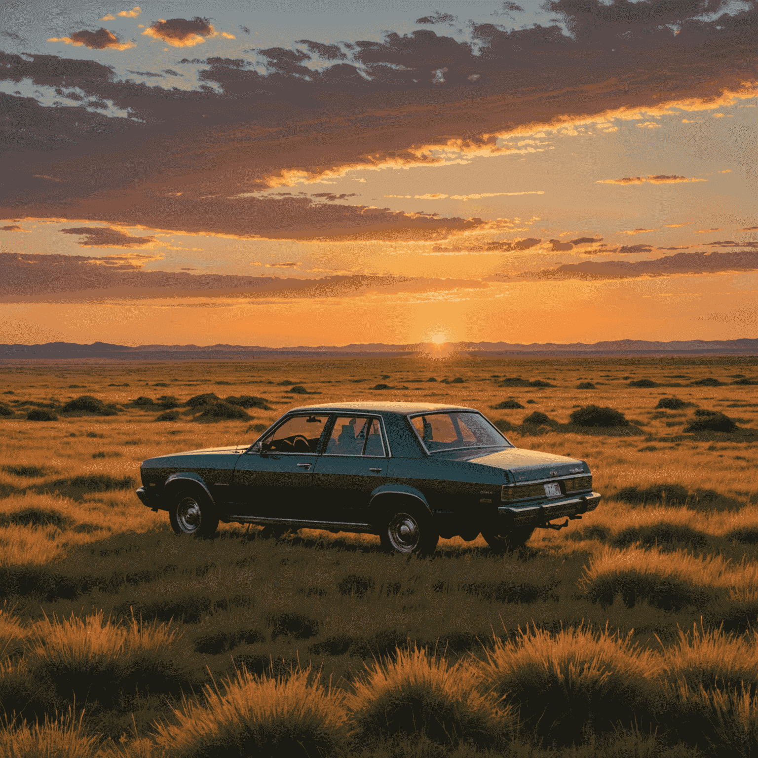 Vast prairie landscape of Grasslands National Park at sunset, with a lone rental car silhouetted against the orange sky