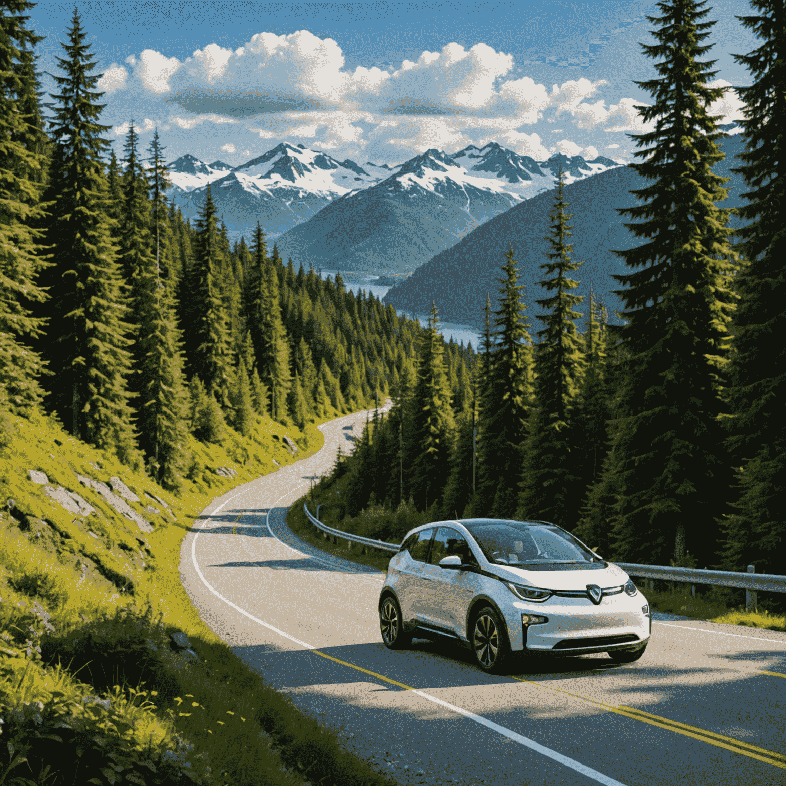 A winding road through lush forests and mountains from Vancouver to Whistler, with an electric car in the foreground