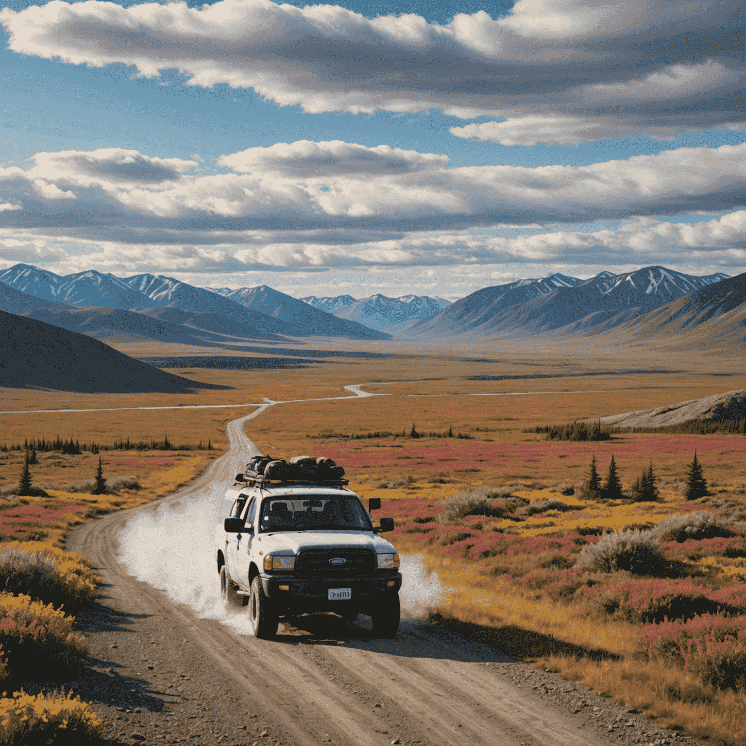 Vast, open landscape of the Dempster Highway with colorful tundra vegetation, distant mountains, and a clear sky. A robust 4x4 vehicle is traversing the gravel road, kicking up a small dust cloud.
