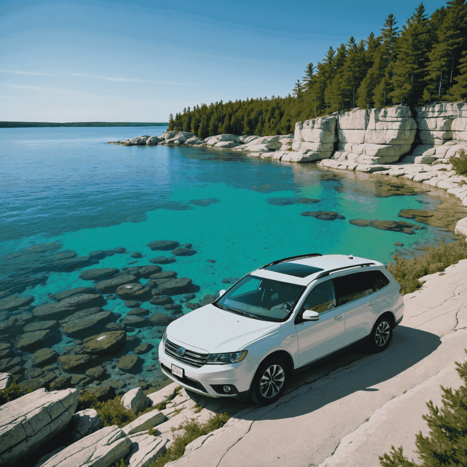 Crystal clear turquoise waters of Georgian Bay contrasting with the limestone cliffs of the Bruce Peninsula, with a compact rental car parked at a scenic viewpoint