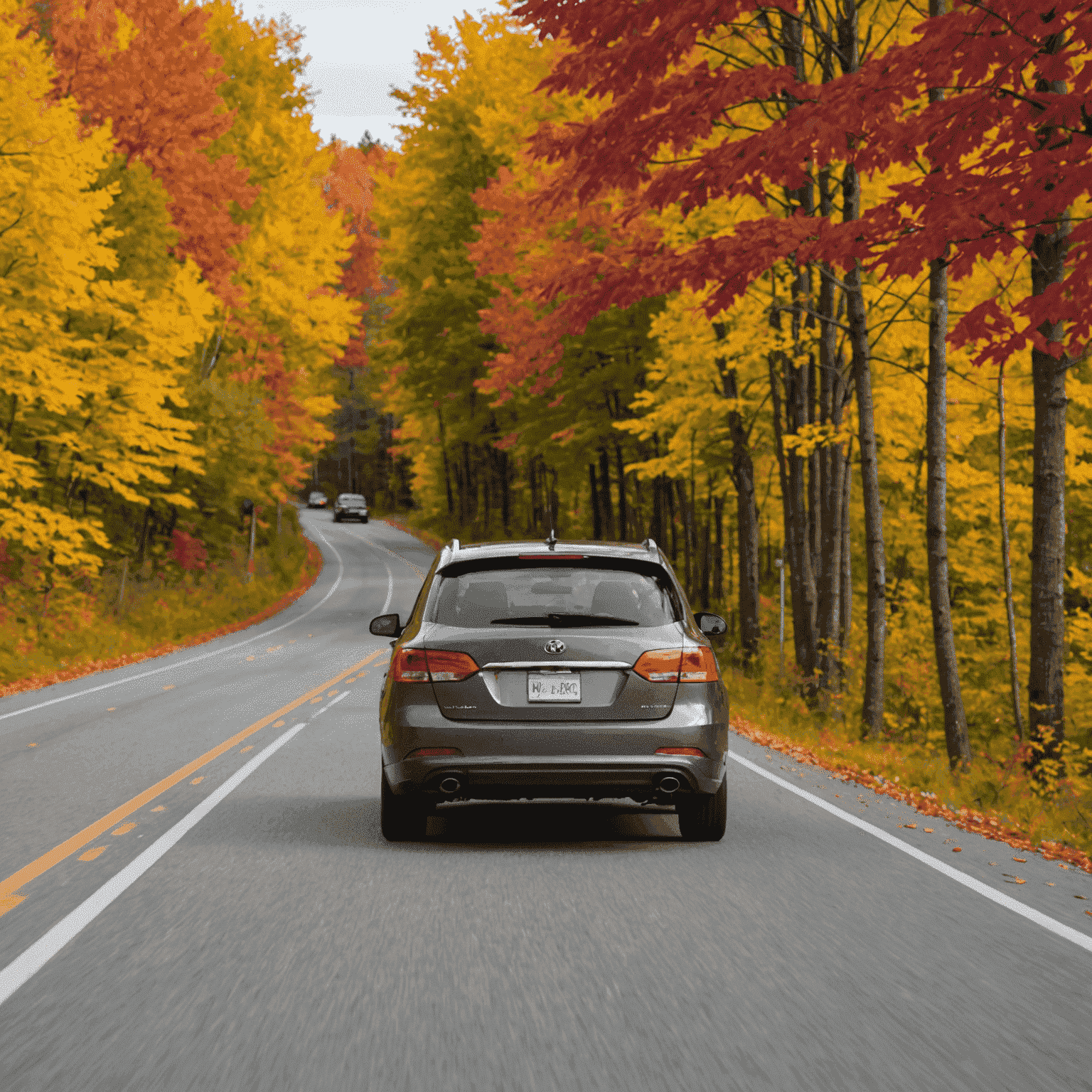 A hybrid car passing by colorful autumn foliage on the route between Montreal and Quebec City