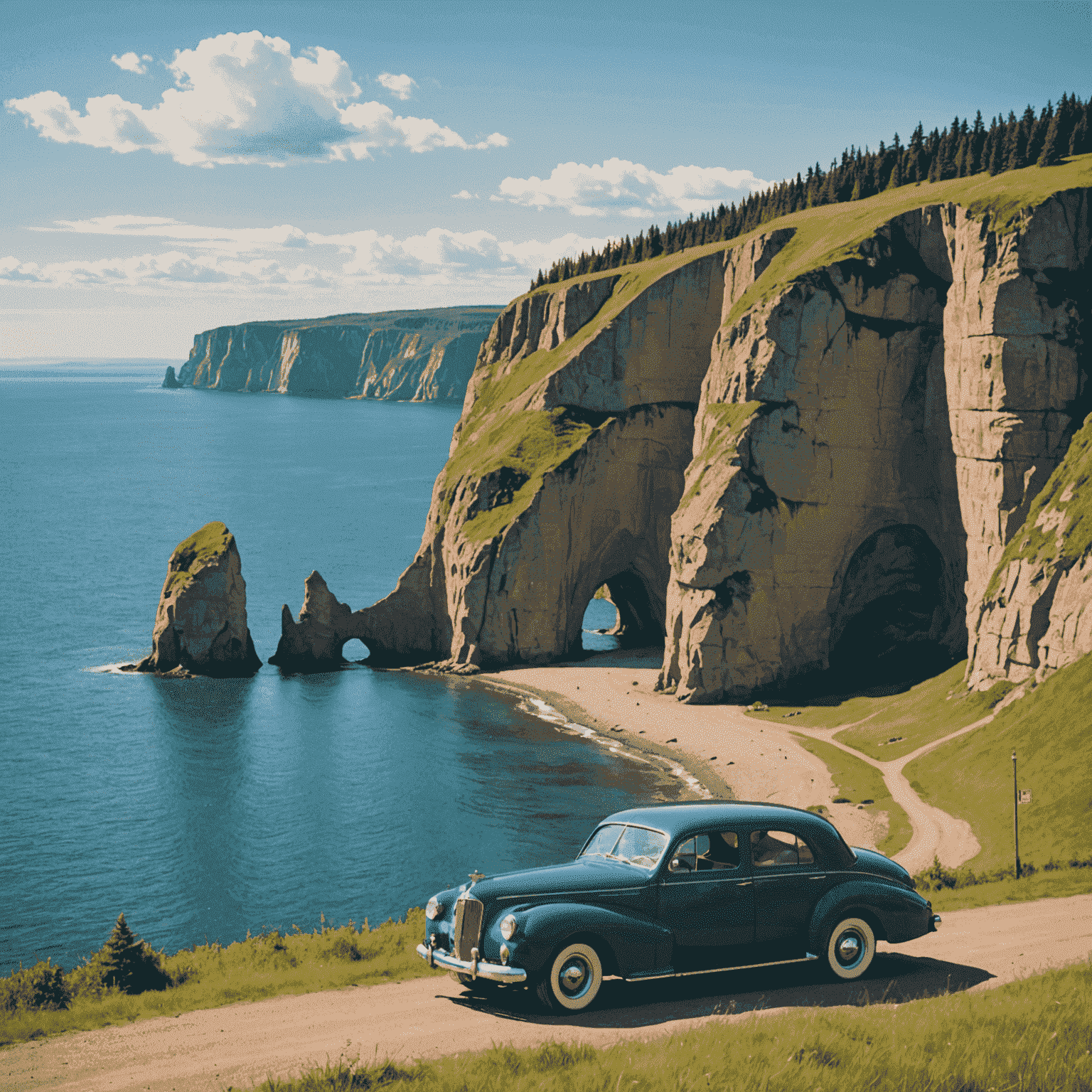 Coastal scene of the Gaspé Peninsula with the iconic Percé Rock in the background. A vintage-style car is parked on a cliff overlooking the Gulf of St. Lawrence, with a couple enjoying the view.