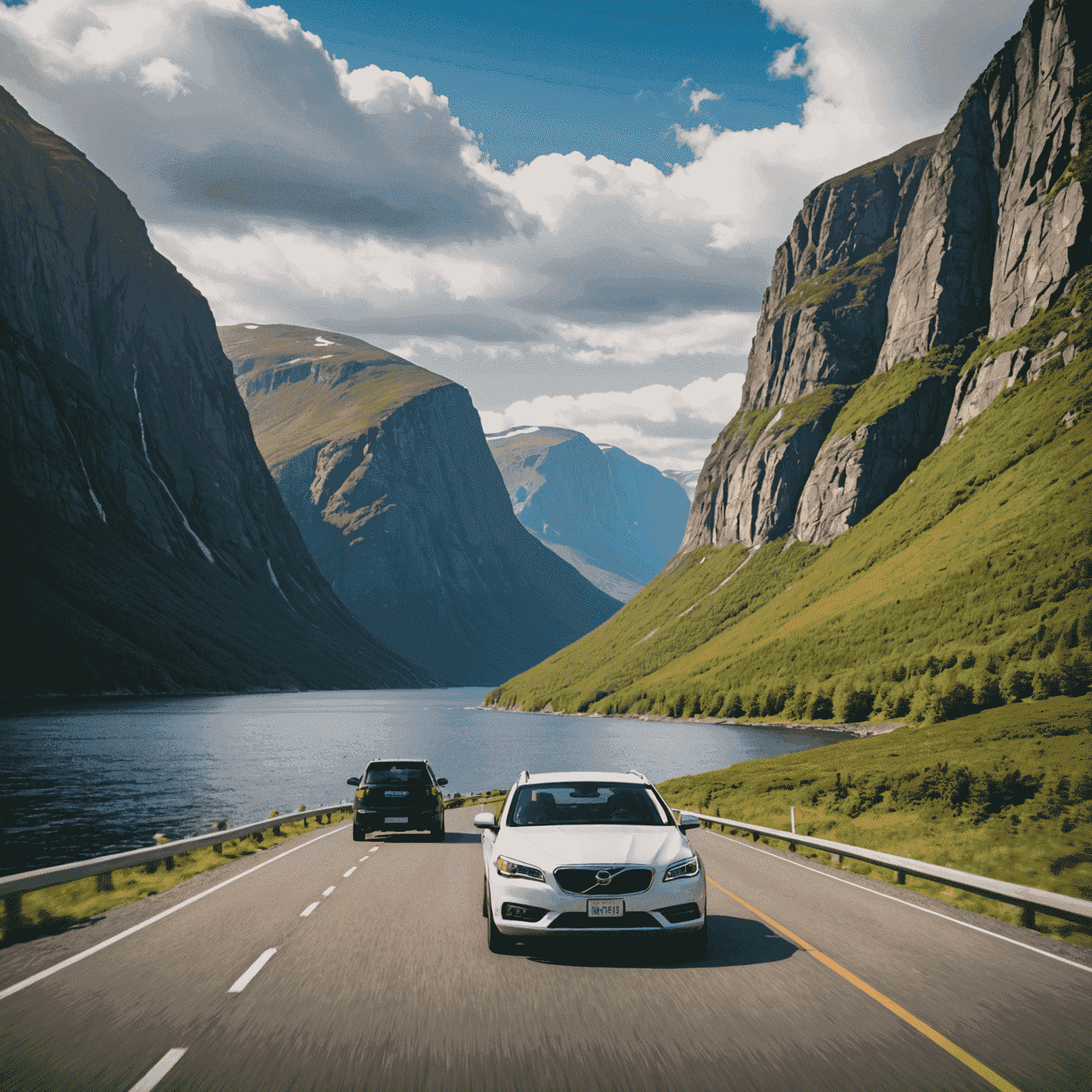Dramatic fjords and towering cliffs of Gros Morne National Park, with a rental car driving along a coastal road